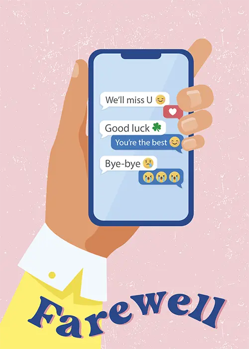 Pink farewell card featuring an illustrated hand holding a smartphone showing text message bubbles with farewell messages including "We'll miss U," "Good luck," "You're the best," and "Bye-bye," with crying face emojis and "Farewell" text at the bottom.