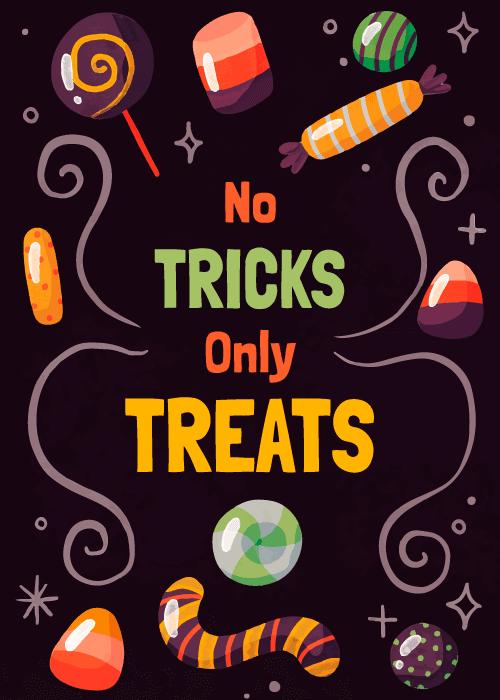 Assorted Halloween candies on a dark background with no tricks only treats text
