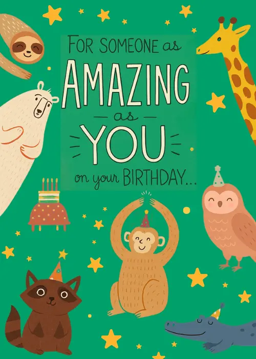 Birthday group card on vibrant teal background with gold star accents featuring seven illustrated party animals including giraffe sloth llama owl with party hat monkey fox and crocodile surrounding For Someone as Amazing as You text