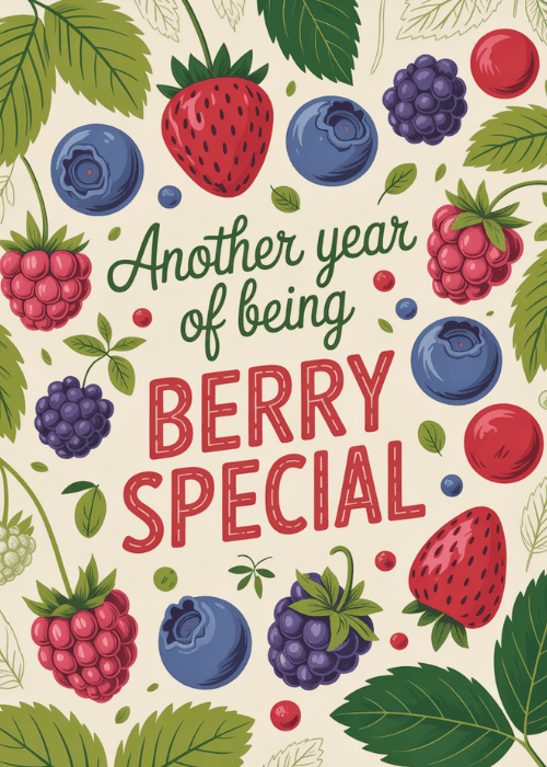 Cream birthday card with scattered illustrated berries and 'Another year of being BERRY SPECIAL' text