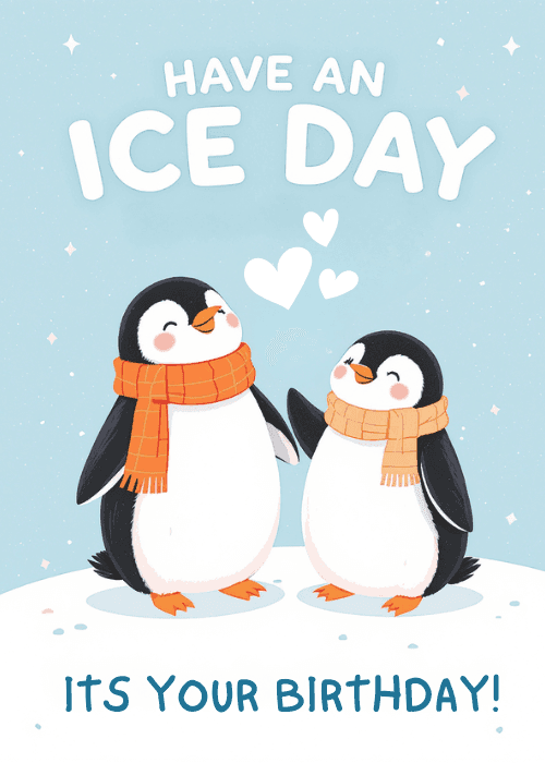 Two cute cartoon penguins in knit scarves standing on snowy ice with white hearts between them on a light blue background, with have an ice day its your birthday text