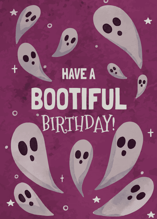 Friendly white ghosts floating on a textured purple background with bootiful birthday text