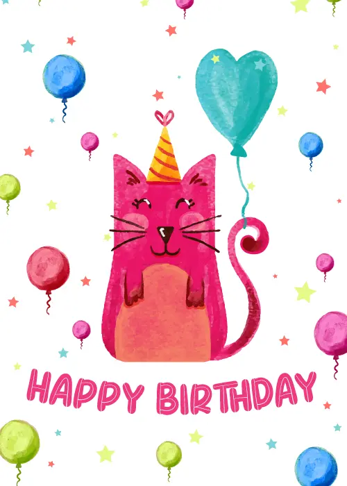 White birthday card with a cute pink watercolor cat in a party hat holding a teal heart balloon, surrounded by colorful balloons and star confetti