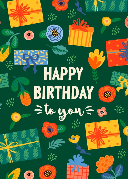 Birthday card on rich dark green background densely filled with illustrated colorful gift boxes and botanical flowers surrounding bold white center text Happy Birthday to you