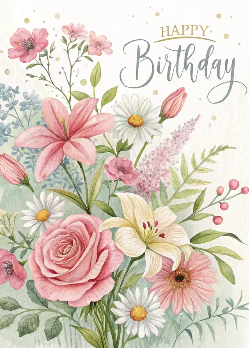 Watercolor floral bouquet with pink roses, white lilies, daisies, and greenery with elegant Happy Birthday script on a cream background