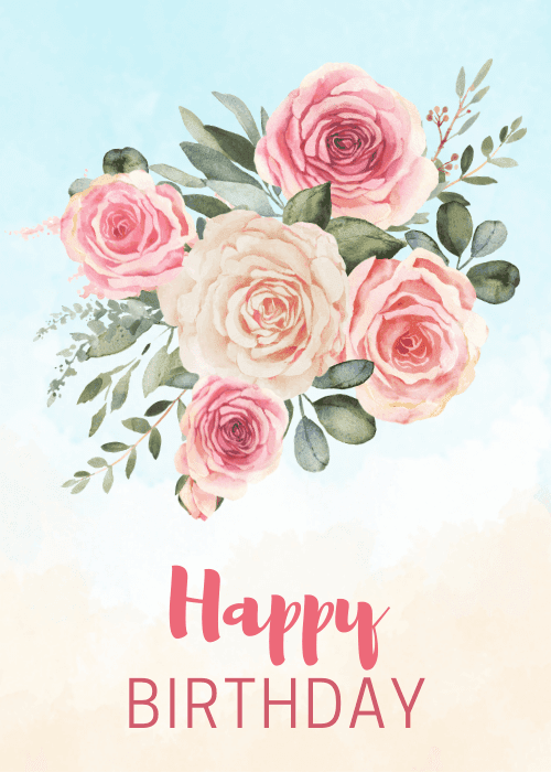 Soft watercolor floral arrangement on a pink background for a birthday
