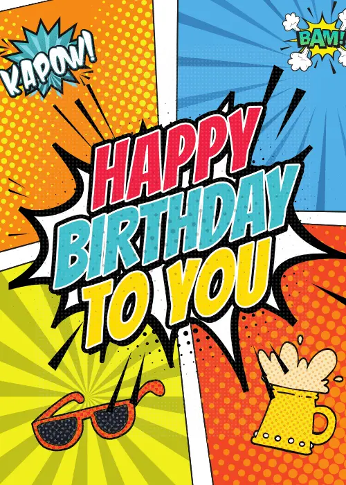 Comic book pop art birthday card with halftone dots, 'KAPOW!' and 'BAM!' starbursts, and bold 'HAPPY BIRTHDAY TO YOU' text