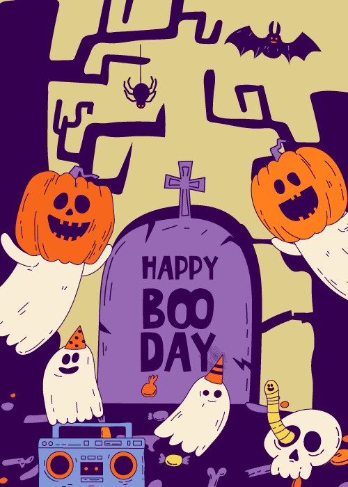 Ghosts and pumpkins celebrating with a boombox and graveyard background for a birthday