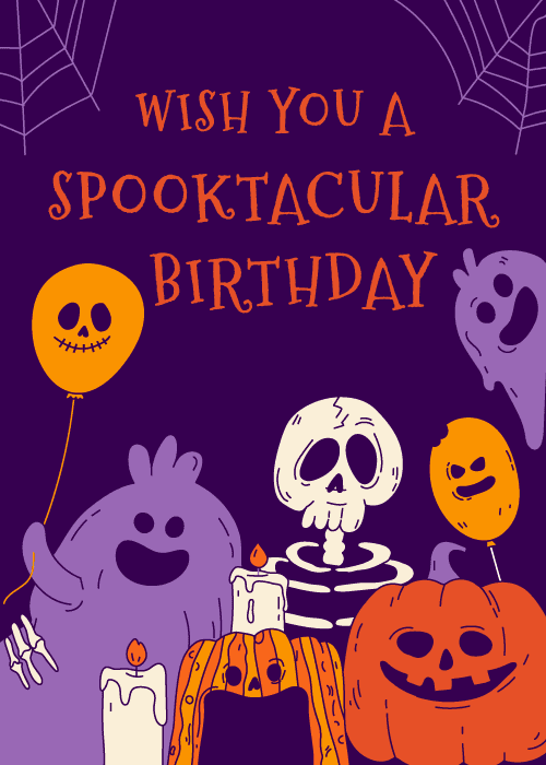 Group of friendly Halloween monsters and pumpkins under a spiderweb sky for a birthday