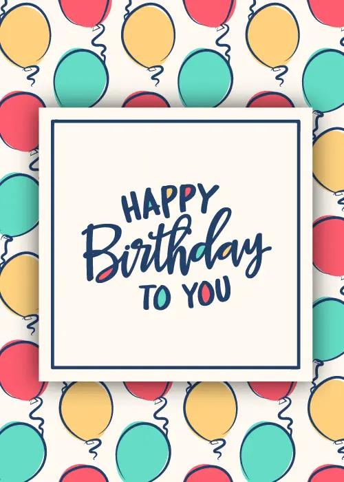 White birthday card with a repeating pattern of outlined balloons in red, teal, and yellow with 'Happy Birthday TO YOU' text