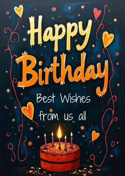 Birthday card on a deep dark navy background with large elegant white and gold script reading Happy Birthday at the top, smaller gold text reading Best Wishes from us all, a red birthday cake with three lit candles at the center bottom, and golden hearts orange dots and warm confetti accents floating around the design