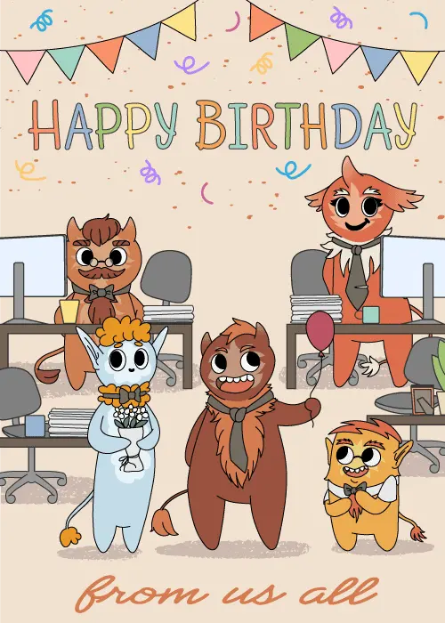 Illustrated anthropomorphic animal characters in an office setting with desks computers bunting banners and confetti with colorful HAPPY BIRTHDAY from us all text