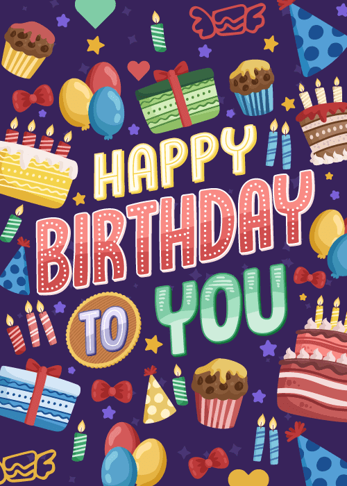 Deep purple card densely covered with illustrated birthday icons including cakes, cupcakes, balloons, party hats, candles, and gift boxes, with "Happy BIRTHDAY TO YOU" in large multi-colored decorative lettering center stage