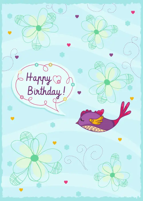 Whimsical birthday card on soft teal aqua background with hand-drawn daisy flowers scattered hearts and a cute purple bird beside a speech bubble containing cursive Happy Birthday text
