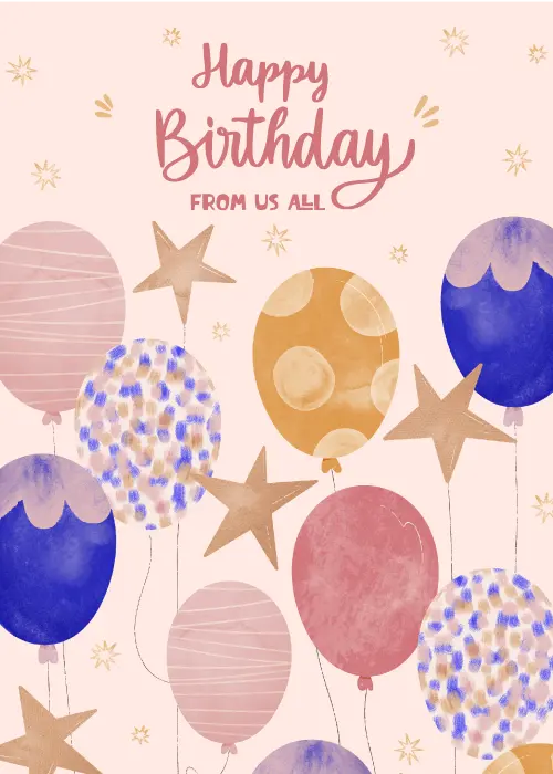 Large watercolor balloons in royal blue mauve polka-dot gold and speckled confetti patterns with small gold metallic stars floating on a soft blush pink background, flowing pink script and bold coral text reading Happy Birthday From Us All
