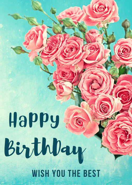 Illustrated floral birthday card with lush rose bouquet and birthday wishes message
