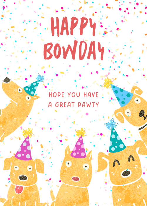 Illustrated birthday card with cute puppies and bold Happy Bowday pun text