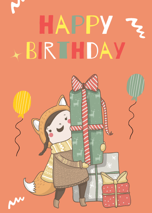 Cute fox in a sweater carrying a large stack of gifts for a birthday