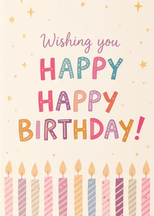 Row of colorful striped birthday candles in pink blue purple and cream with golden flames along the bottom, multicolored text reading Wishing you Happy Happy Birthday with gold star sparkles on a cream background