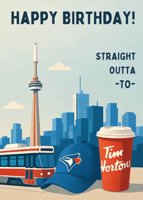 Retro travel poster style birthday card with illustrated Toronto CN Tower skyline red TTC streetcar Blue Jays baseball cap Tim Hortons cup and bold Happy Birthday Straight Outta TO text