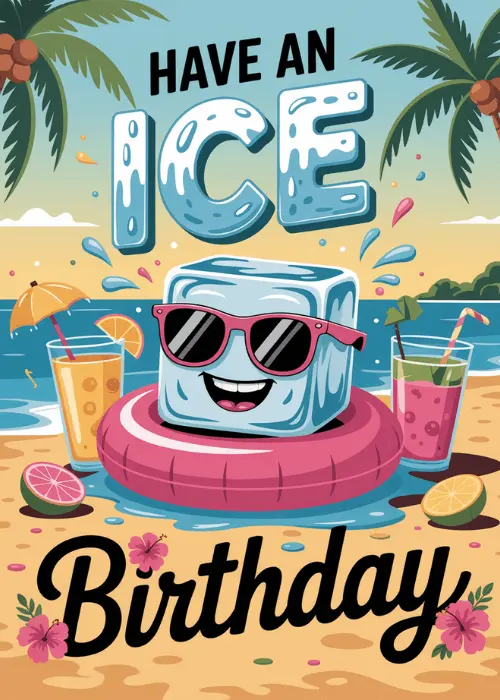 Birthday card with vibrant sunny beach scene featuring kawaii ice cube character in pink sunglasses on pink inflatable ring flanked by tropical drinks palm trees golden sand and bold Have an Ice Birthday text