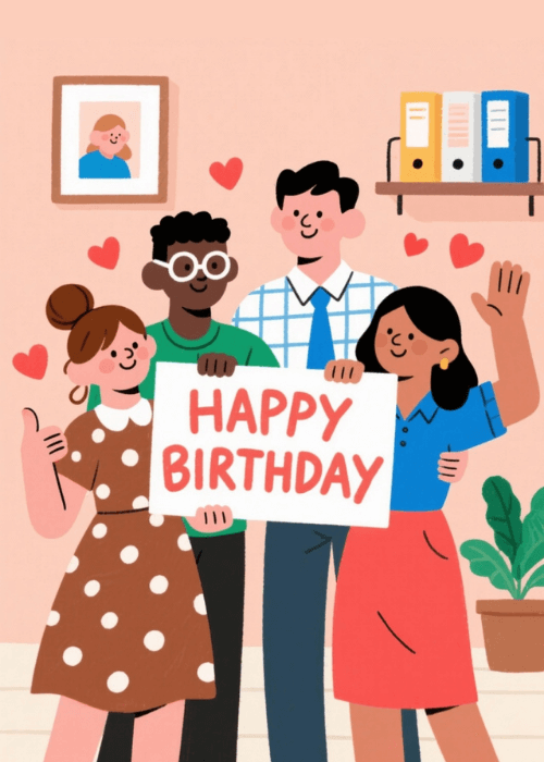 Four diverse illustrated office colleagues holding a white Happy Birthday placard together in an office with a framed photo binders on a shelf a plant and red hearts floating around