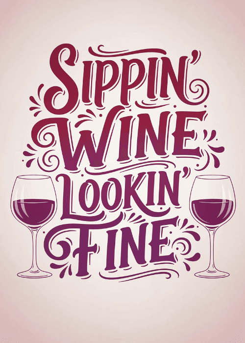 Birthday card on blush pink background with large ornate hand-lettered deep burgundy and magenta Sippin Wine Lookin Fine typography with swirls flourishes and two outlined red wine glasses