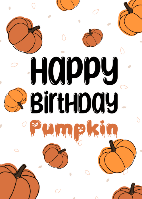 Pattern of orange pumpkins on a white background with happy birthday pumpkin text