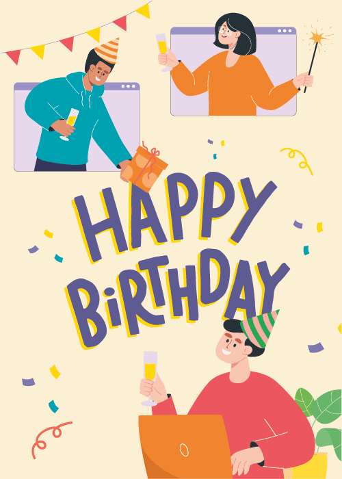 Illustrated home office birthday card featuring remote work setting with birthday celebration elements