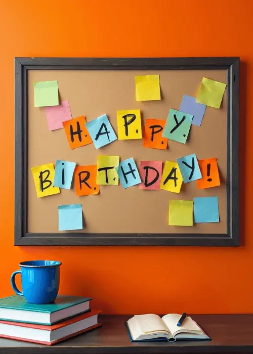 Office birthday card with colorful sticky notes spelling HAPPY BIRTHDAY on a cork bulletin board with stacked books and a coffee mug on the desk below