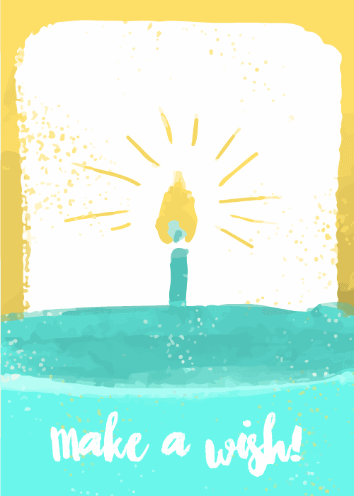 Watercolor birthday card with a single teal birthday candle and warm yellow-gold flame radiating golden lines on a loose aqua painted cake surface, teal and yellow watercolor texture background with white cursive text reading make a wish