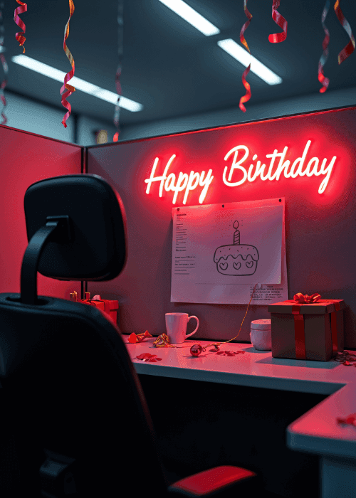 Dark moody office scene with a red neon 'Happy Birthday' sign, streamers, and wrapped gifts