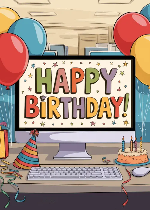Illustrated office birthday card showing a cubicle desk setup with a computer monitor displaying colorful Happy Birthday text in large block letters with stars, red yellow and blue balloons floating above, a striped party hat beside a birthday cake with lit candles, a gift bag, keyboard, mouse, and streamers completing the festive scene