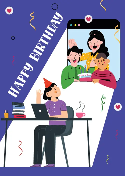 Illustrated group birthday card showing a person in a party hat waving to friends on a video call screen with a birthday cake with Happy Birthday in bold text