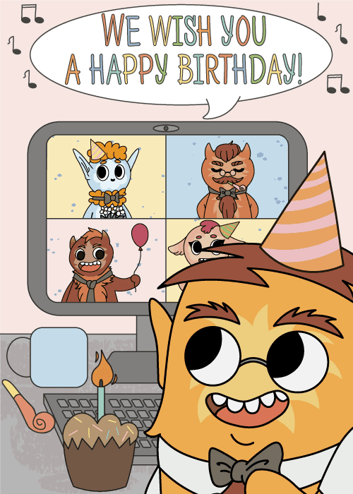 Pink birthday card with an illustrated tablet showing animals on a video call and a speech bubble reading 'WE WISH YOU A HAPPY BIRTHDAY!'