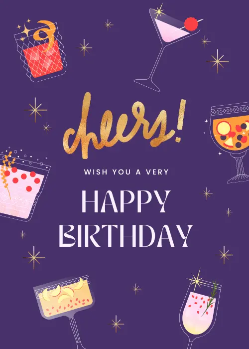 Assorted illustrated cocktail glasses including a martini with cherry champagne flute coupe with citrus and tall garnished glass arranged around a rich dark purple background with scattered golden four-pointed sparkle stars, gold glitter script reading Cheers and large white bold text reading Wish You A Very Happy Birthday
