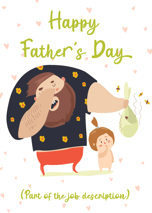 Tired dad holding a stinky diaper with happy father's day text