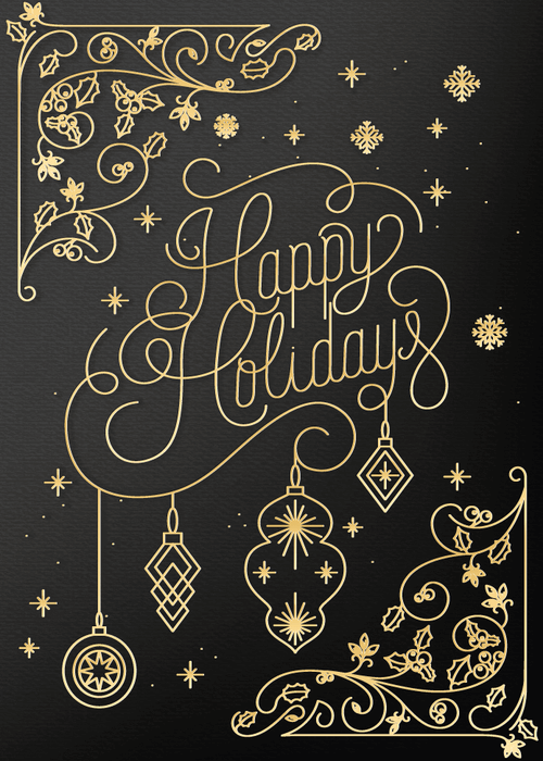 Happy holidays elegant black gold ecard with sophisticated bold design featuring gold lettering and sparkling seasonal accents on a deep black background in a glamorous holiday composition