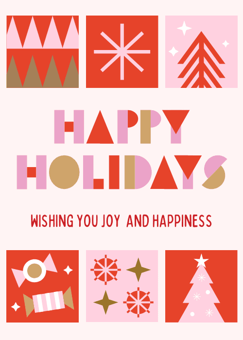 Colorful geometric holiday patterns with happy holidays text on a pink background