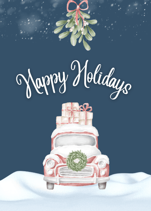 Watercolor car with a wreath and gifts in a snowy night with happy holidays text
