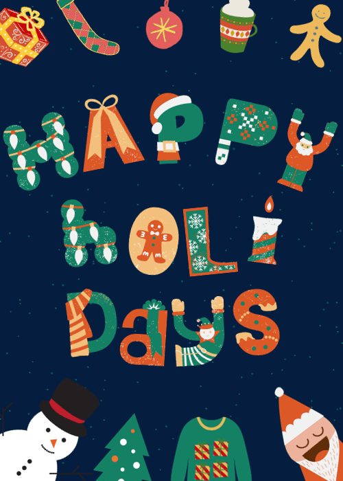 Colorful typographic happy holidays text surrounded by festive characters on a navy background
