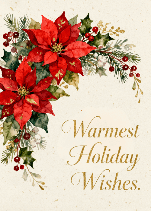 Watercolor red poinsettias with gold glitter accents and holiday text