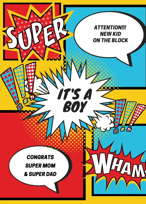 Comic book-style new baby card in red yellow and blue with action panels showing IT'S A BOY in a burst and a speech bubble reading Congratulations Super Mom and Super Dad