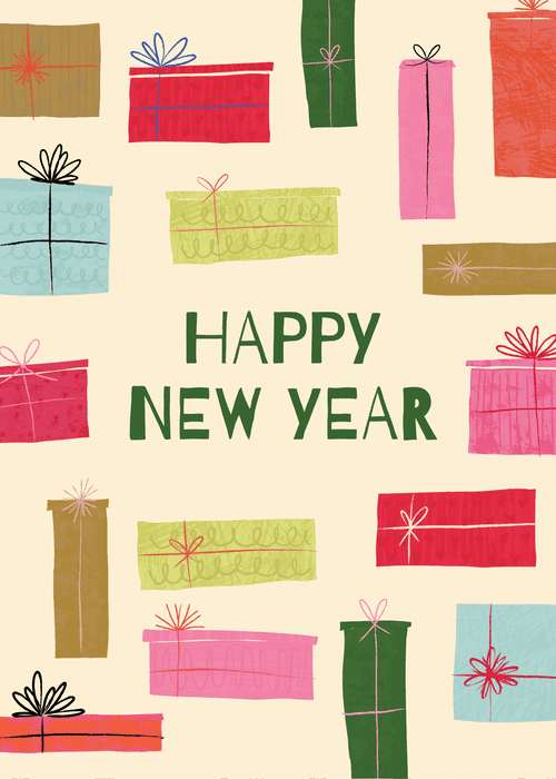 Pattern of colorful wrapped gifts with Happy New Year text on a cream background