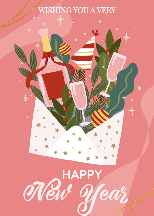 Festive New Year ecard with glistening gold sparkles and celebratory graphics