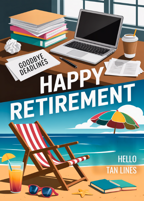 Split illustration with office scene showing laptop books and coffee at top and beach scene with striped deck chair colorful umbrella sunglasses and cocktail at bottom, text reading Goodbye Deadlines Happy Retirement Hello Tan Lines