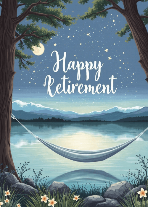 Illustrated retirement card with a hammock strung between trees over a calm moonlit lake with blue mountains, stars, and white flowers at the base