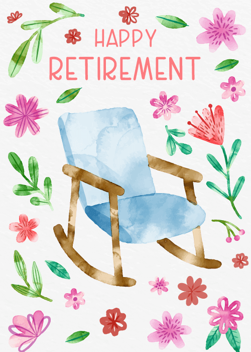 Blue watercolor rocking chair surrounded by flowers with happy retirement text