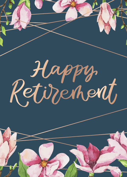 Pink magnolia flowers and gold lines on a navy background with retirement text