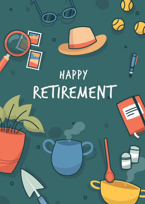 Retirement hobby icons like gardening and travel on a dark green background